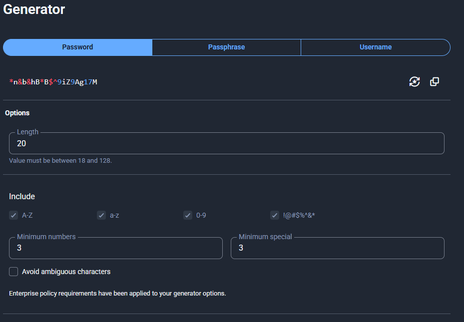 Generator settings Bitwarden